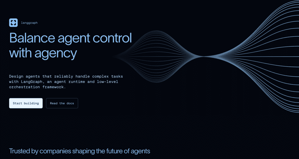 Dark-themed hero section of the LangGraph website with the headline “Balance agent control with agency.” Subtext explains designing agents to handle complex tasks using LangGraph. Two buttons read “Start building” and “Read the docs.” Abstract blue wave lines form a flowing graph-like pattern across the right side, with a footer line stating “Trusted by companies shaping the future of agents.”